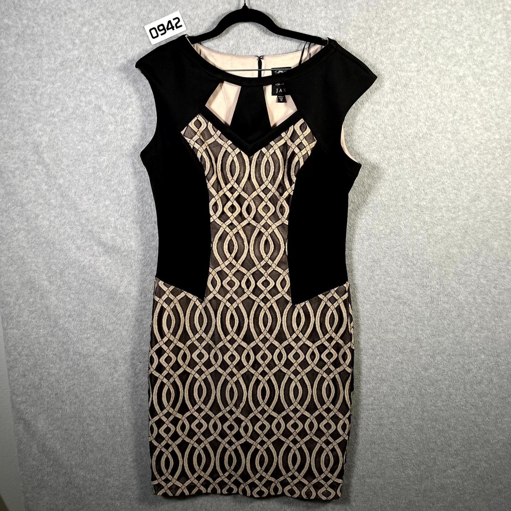 JAX Sheath Dress Womens 12 Black Beige Geometric Lace Cut Out Neck Career Party